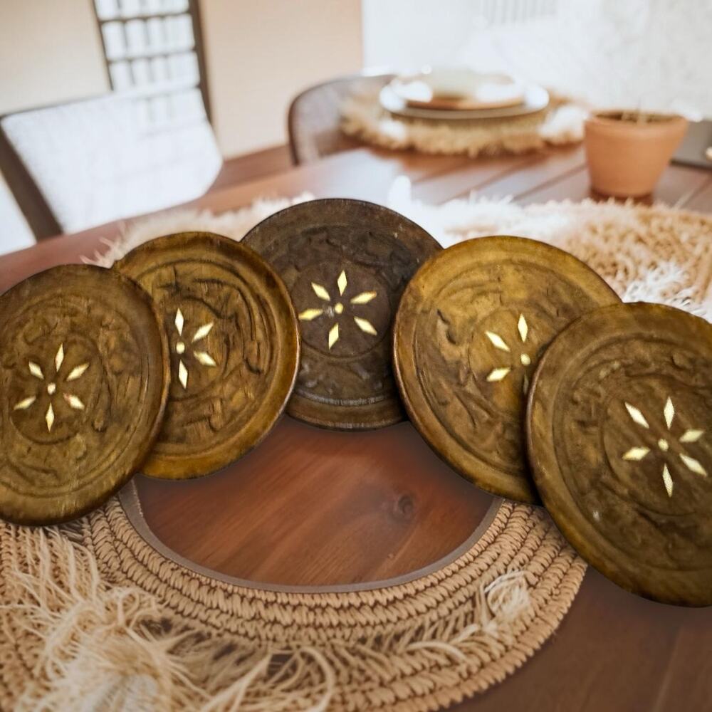 Vintage Hand Carved Wood Coasters Set of 5 Floral Inlay Star India Boho Rosewood
